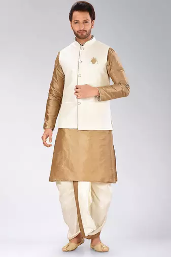 Chikoo dupon art silk kurta, jacket with matching dhoti