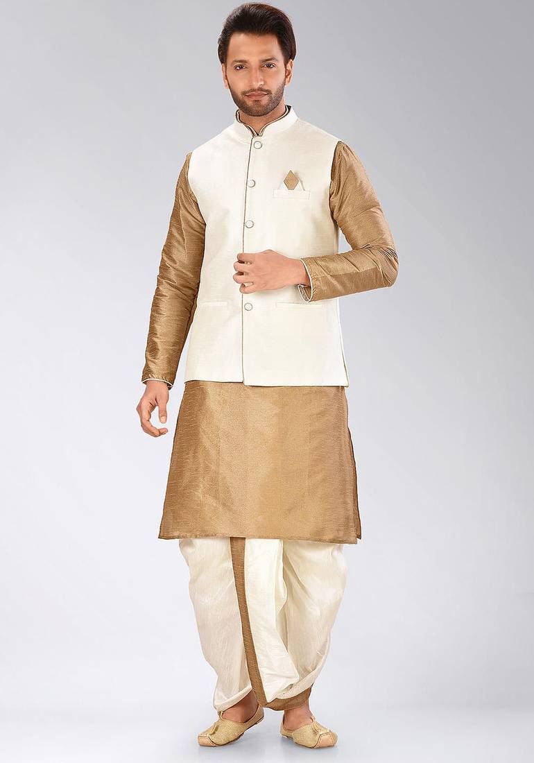 Chikoo dupon art silk kurta, jacket with matching dhoti