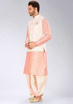Pink dupon art silk kurta, jacket with matching dhoti 3