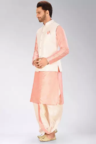 Pink dupon art silk kurta, jacket with matching dhoti