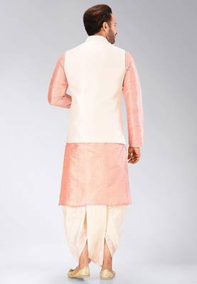 Pink dupon art silk kurta, jacket with matching dhoti 4