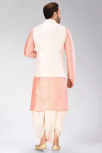 Pink dupon art silk kurta, jacket with matching dhoti