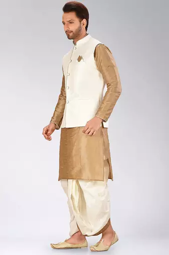 Chikoo dupon art silk kurta, jacket with matching dhoti