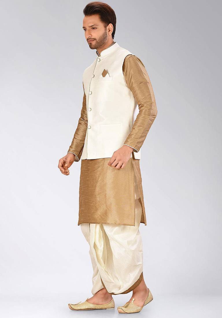 Chikoo dupon art silk kurta, jacket with matching dhoti