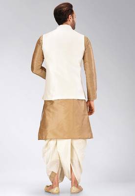Chikoo dupon art silk kurta, jacket with matching dhoti 4