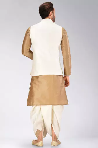 Chikoo dupon art silk kurta, jacket with matching dhoti