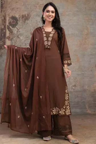 Aaysa floral embroidered brown v-neck pure cotton a-line kurta with trouser & dupatta
