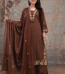 Aaysa floral embroidered brown v-neck pure cotton a-line kurta with trouser & dupatta