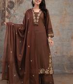 Aaysa floral embroidered brown v-neck pure cotton a-line kurta with trouser & dupatta