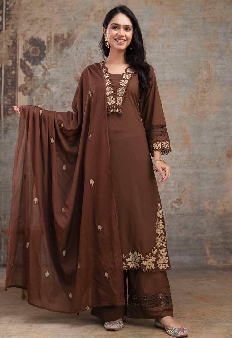 Aaysa floral embroidered brown v-neck pure cotton a-line kurta with trouser & dupatta