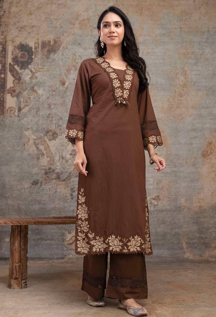 Aaysa floral embroidered brown v-neck pure cotton a-line kurta with trouser & dupatta