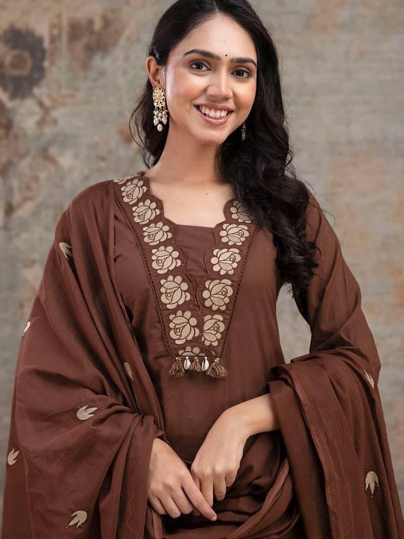 Aaysa floral embroidered brown v-neck pure cotton a-line kurta with trouser & dupatta