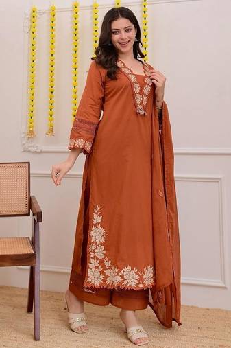 floral embroidered orange v-neck pure cotton a-line kurta with trouser & dupatta