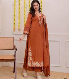 Aaysa floral embroidered orange v-neck pure cotton a-line kurta with trouser & dupatta