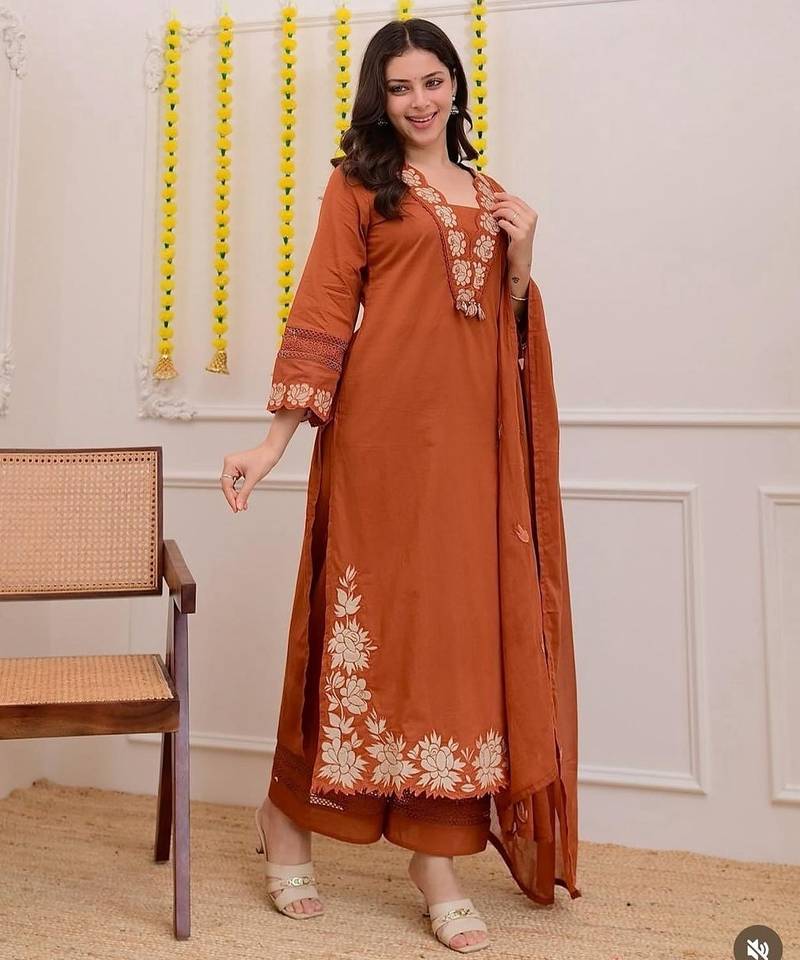 Aaysa floral embroidered orange v-neck pure cotton a-line kurta with trouser & dupatta