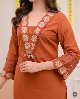 floral embroidered orange v-neck  cotton a-line kurta with trouser & dupatta 2
