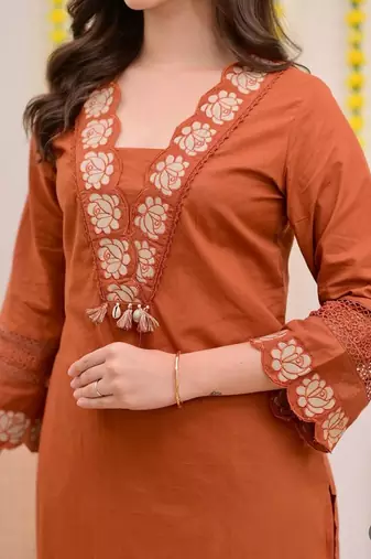 floral embroidered orange v-neck  cotton a-line kurta with trouser & dupatta