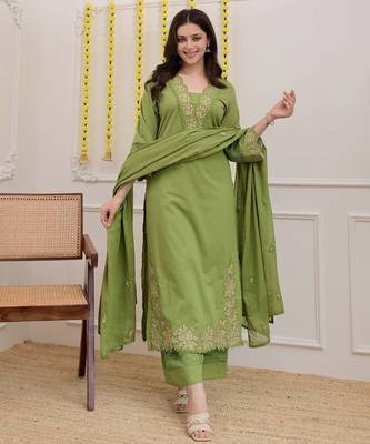 floral embroidered green v-neck  cotton a-line kurta with trouser & dupatta 1