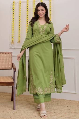 floral embroidered green v-neck pure cotton a-line kurta with trouser & dupatta