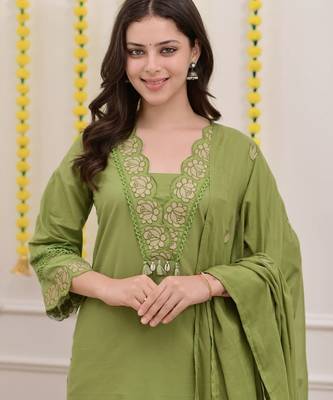 floral embroidered green v-neck  cotton a-line kurta with trouser & dupatta 2