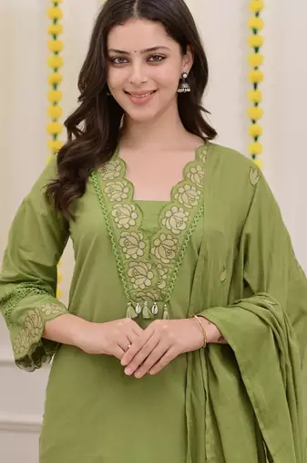 floral embroidered green v-neck  cotton a-line kurta with trouser & dupatta