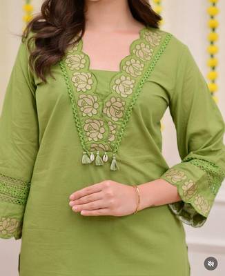 floral embroidered green v-neck  cotton a-line kurta with trouser & dupatta 3