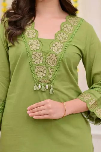 floral embroidered green v-neck  cotton a-line kurta with trouser & dupatta