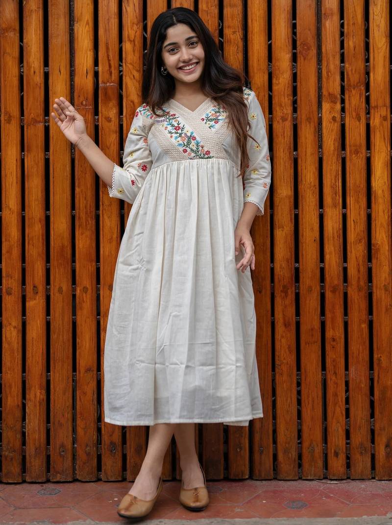 Aaysa floral embroidered white v-neck pure cotton anarkali kurti