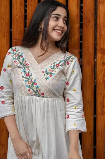 floral embroidered white v-neck  cotton anarkali kurti
