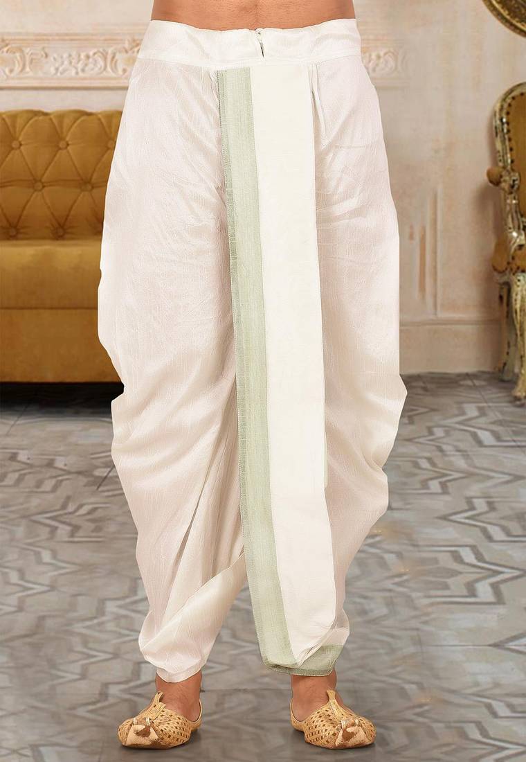 Off white dupion art silk readymade dhoti with patch work