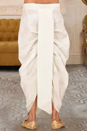 Off white dupion art silk readymade dhoti with patch work