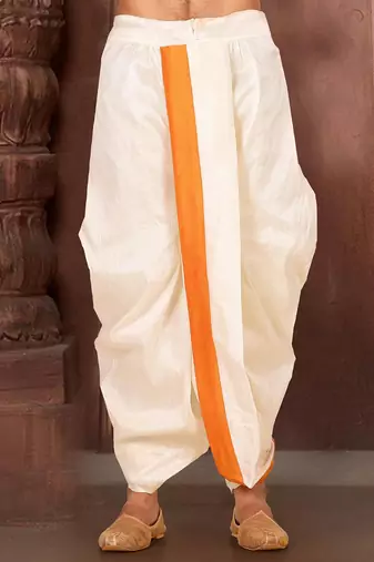 Off white dupion art silk readymade dhoti with patch work