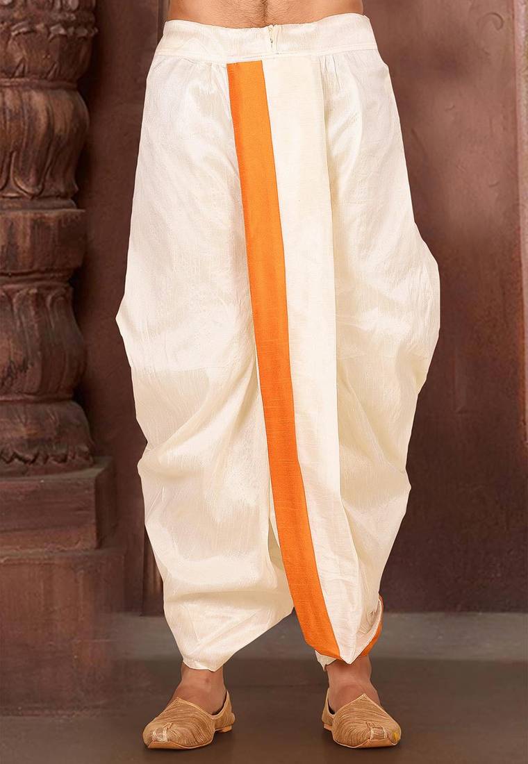Off white dupion art silk readymade dhoti with patch work