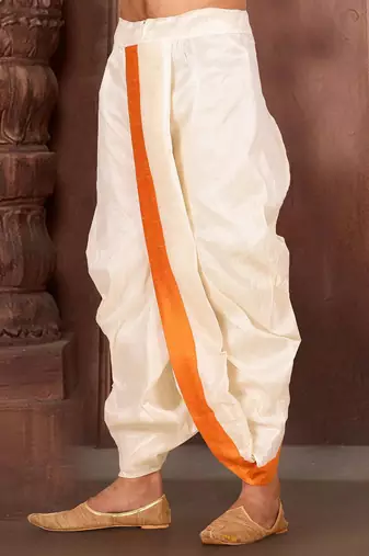 Off white dupion art silk readymade dhoti with patch work
