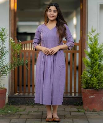 Aaysa floral embroidered blue v-neck  cotton anarkali kurti 1