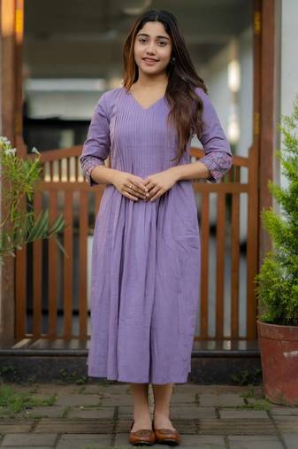 Aaysa floral embroidered blue v-neck pure cotton anarkali kurti