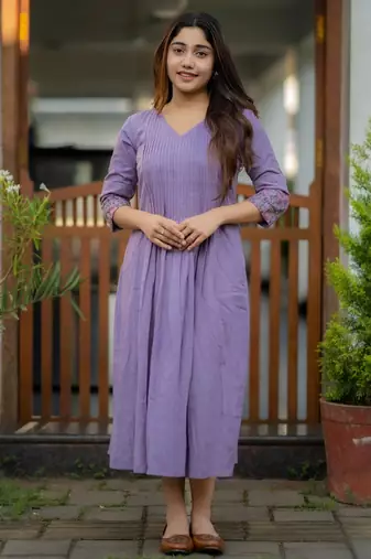 Aaysa floral embroidered blue v-neck pure cotton anarkali kurti