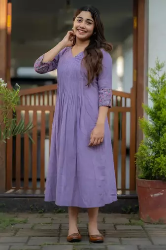 Aaysa floral embroidered blue v-neck  cotton anarkali kurti