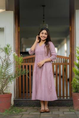 floral embroidered purple v-neck  cotton anarkali kurti 1