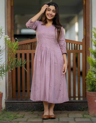 floral embroidered purple v-neck  cotton anarkali kurti 2
