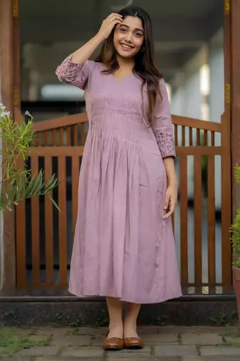 floral embroidered purple v-neck  cotton anarkali kurti