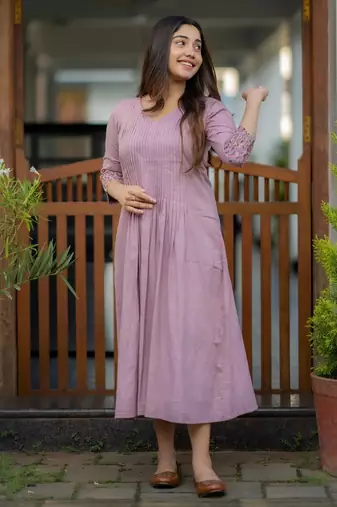 floral embroidered purple v-neck  cotton anarkali kurti
