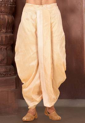 Beige dupion art silk readymade dhoti with patch work 1