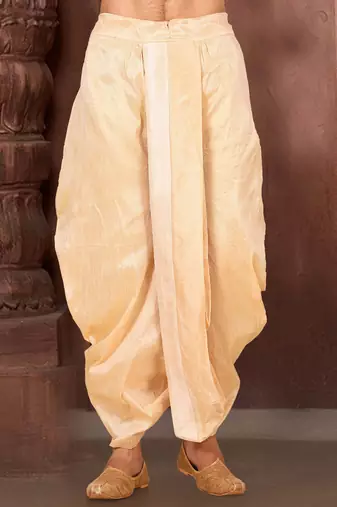 Beige dupion art silk readymade dhoti with patch work