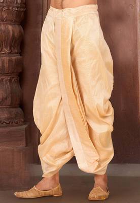 Beige dupion art silk readymade dhoti with patch work 2