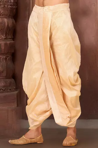 Beige dupion art silk readymade dhoti with patch work