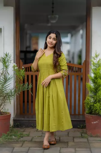 floral embroidered green v-neck  cotton anarkali kurti