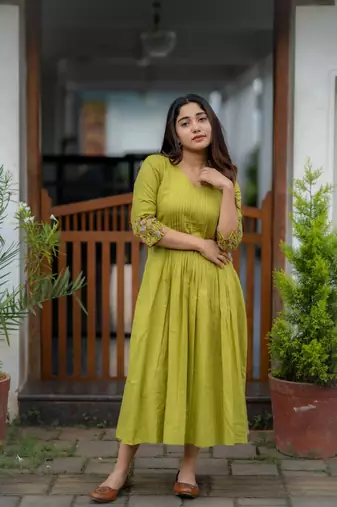 floral embroidered green v-neck  cotton anarkali kurti