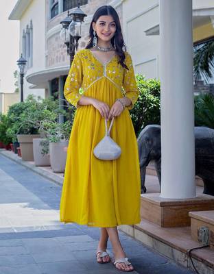 floral embroidered yellow v-neck reyon anarkali kurti 1