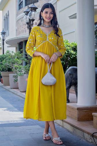floral embroidered yellow v-neck reyon anarkali kurti